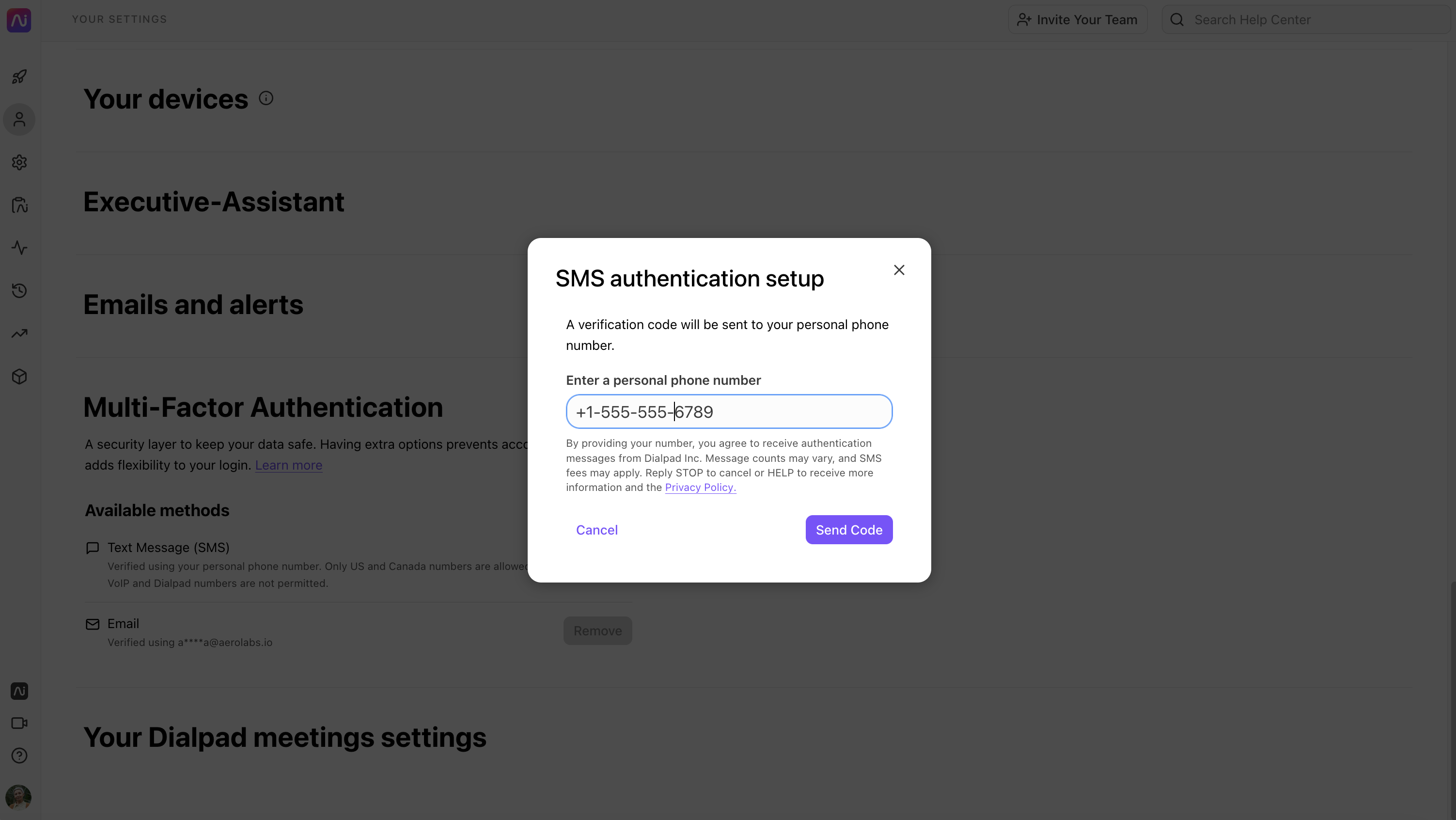 SMS authentication setup screen requesting a personal phone number for verification.